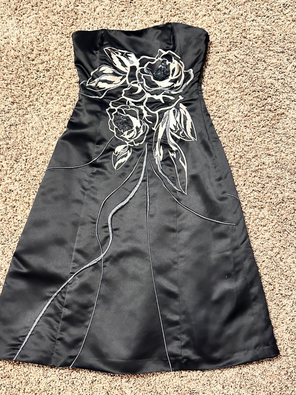 Strapless White House Black Market Black Floral Appliqué Beaded Evening Dress